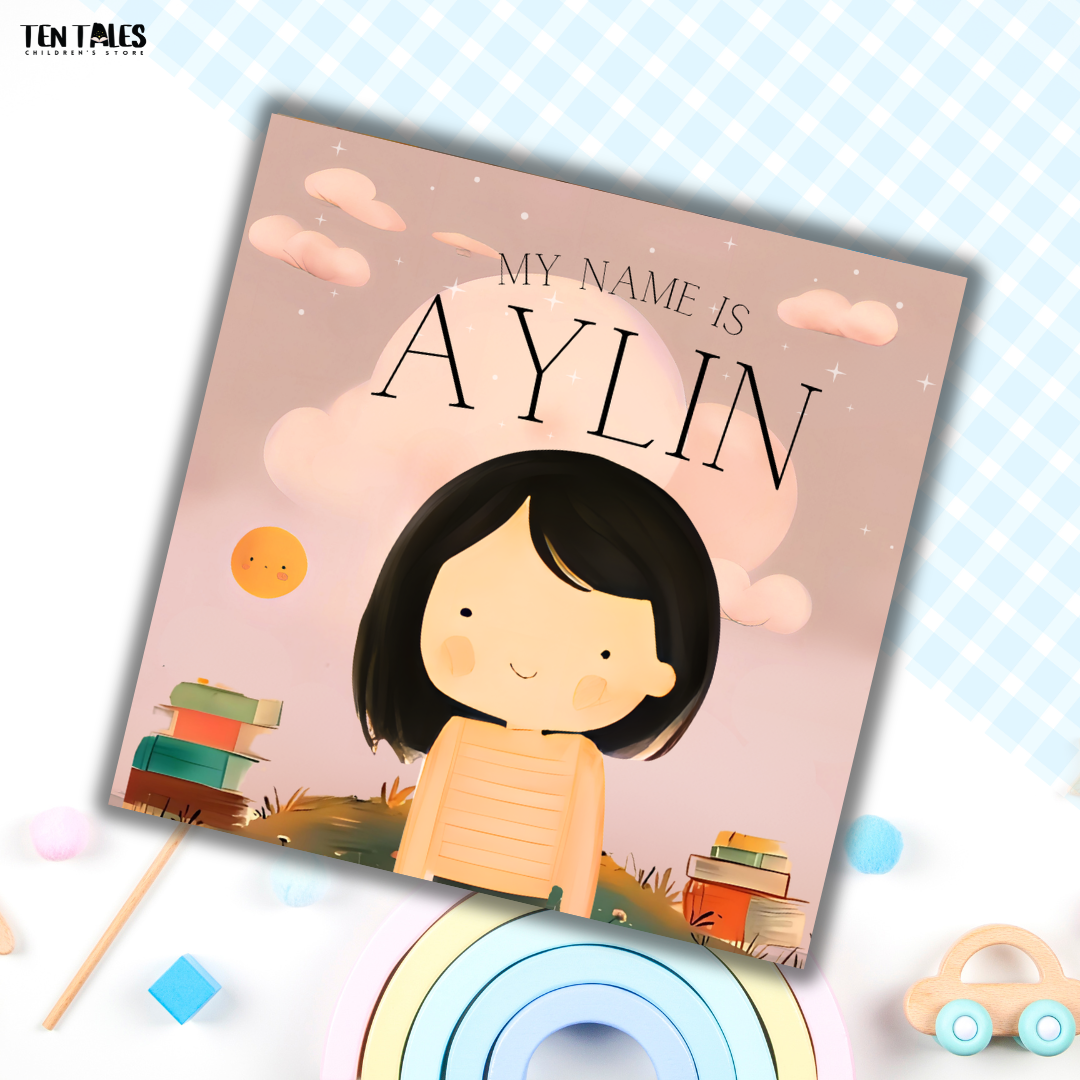 Inside pages of personalised name book for South Asian children showing illustrated letters and characters