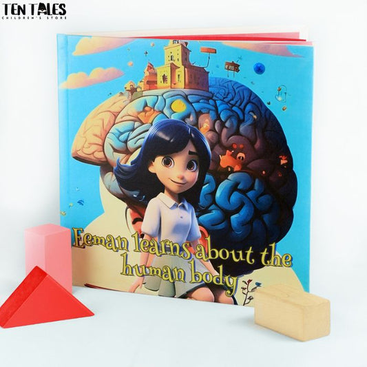 A children's book titled 'Learn About Human Body' with a colorful cover featuring a girl and a large brain. Accompanied by a red triangle and a wooden block. 