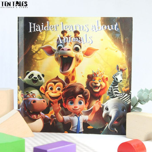 Personalised animal learning book for children with Pakistani child's name — educational gift idea. 