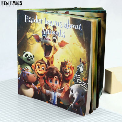Personalised animal learning book for children with Pakistani child's name — educational gift idea. 