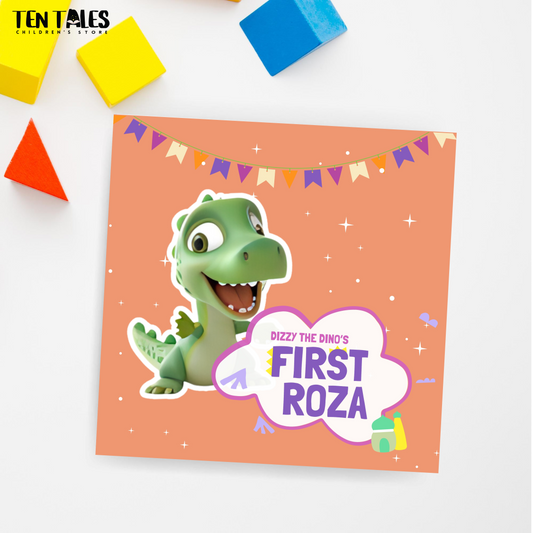 A book cover of 'Dizzy the Dino's First Roza' featuring a cartoon dinosaur character with a colorful background, presented by Ten Tales.