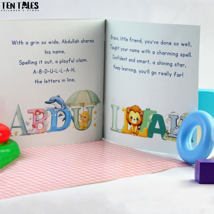 Inside pages of personalised name book for South Asian children showing illustrated letters and characters
