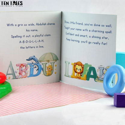 Inside pages of personalised name book for South Asian children showing illustrated letters and characters