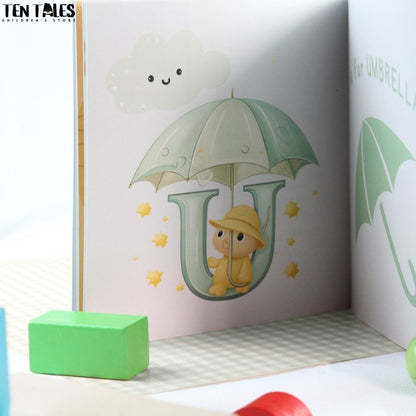Inside pages of personalised name book for South Asian children showing illustrated letters and characters