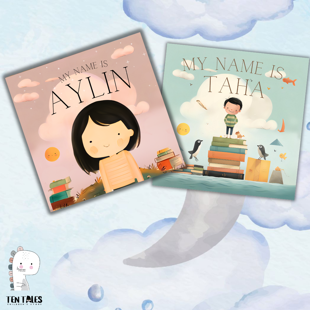 Inside pages of personalised name book for South Asian children showing illustrated letters and characters